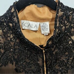 NWT Vintage Scala Jacket Womens XXL Black Beaded Taupe Silk Evening Cardigan